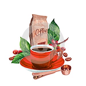 Hand drawn aquarelle picture of a red cup whith coffee, roasted and red coffee beans