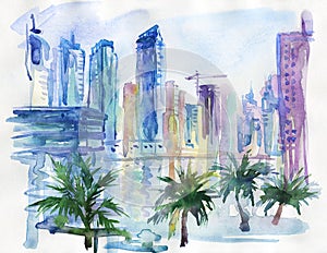 Hand drawn Arab Emirates cityscape. Watercolor Dubai, Marina walk, palm and skyscraper