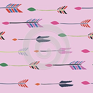 Hand drawn arrow seamless pattern on pink background.