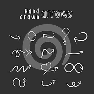 Hand drawn arrow set, collection of pencil sketch symbols, vector illustration graphic design elements. Stock Vector