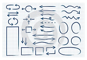 Hand drawn arrows circles set. Abstract doodle writing, simple grunge ink pen arrows, circles, ellipse, rectangle, pointer sketch