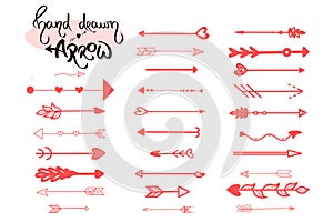 Red Hand drawn arrows icon vector on white background. Arrow set illustration. Arrowhead vintage style. Cursor, orientation, abs