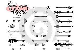 Hand drawn arrows icon vector on white background. Arrow set illustration. Black arrowhead vintage style. Cursor, orientation, abs
