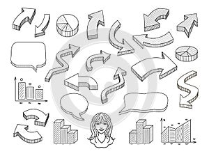 Hand drawn arrows and speech bubbles illustration set