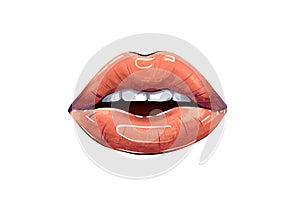 Hand drawn art of female lips parted mouth visible white teeth. lip gloss on fashion lips illustration in gold color