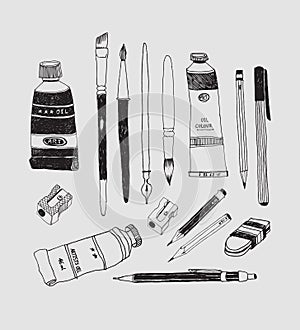 Hand drawn art tools and supplies set