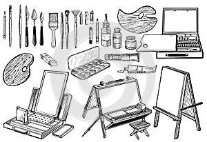 Hand drawn art tools and supplies set. Sketch. Painting tools elements vector concept.