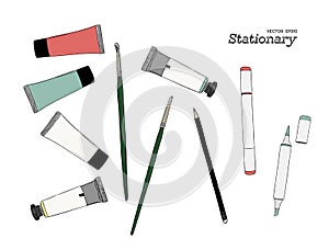 Hand drawn art tools and supplies set. Vector doodle illustration. photo