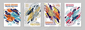 Hand drawn art vector covers abstract backgrounds set, artistic graphic design brochures flyers or booklets, advertising colorful