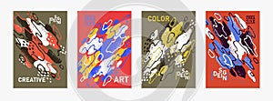 Hand drawn art vector covers abstract backgrounds set, artistic graphic design brochures flyers or booklets, advertising colorful