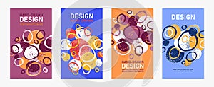 Hand drawn art vector covers circles abstract backgrounds set, artistic graphic design brochures flyers or booklets, advertising