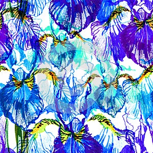 Hand drawn artistic background with blue iris flowers. Botanical motif by hand. Seamless pattern. Hand drawn flowers for