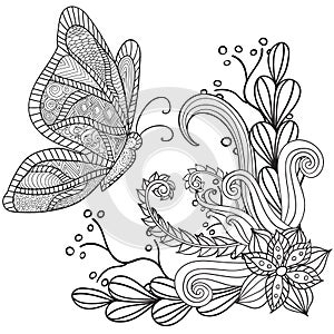 Hand drawn artistic ethnic ornamental patterned floral frame with a butterfly