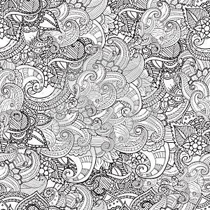 Hand drawn artistic ethnic ornamental patterned floral frame in doodle style for adult coloring pages.