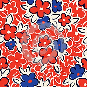 Hand Drawn Artistic Naive Daisy Flowers Outlines on Red Background Vector Seamless Pattern