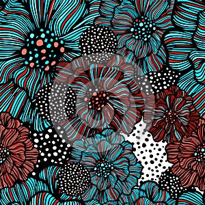 Graphic seamless black background with red and blue flowers. hand drawing. Not AI, Illustrat3. Vector illustration photo