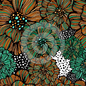 Graphic seamless background with orange and green flowers. hand drawing. Not AI, Illustrat3. Vector illustration photo