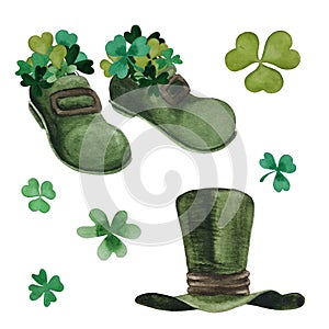 Hand drawn artistic objects: clover, green boots, a leprechaun`s hat