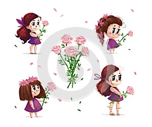 Hand drawn artistic portrait of little cute girl with roses bouquet standing set isolated on white background.