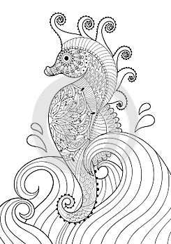 Hand drawn artistic Sea horse in waves for adult coloring page