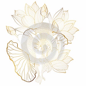 Hand drawn Asian symbols - gold koi carp with lotus and leaves on a white background.