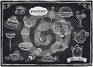 Hand drawn assorted food and drinks graphic.