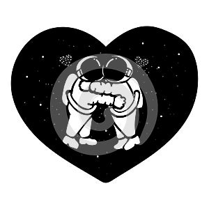 Hand drawn astronaut couple hugging in the space with stars form in hearted shape for t shirt design,design element and wedding ca photo