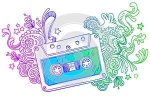 Hand drawn audio cassette with line art decor photo