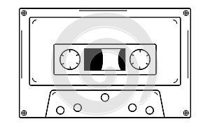 Hand drawn audio cassette with magnetic tape. Equipment of the 80s, 90s for recording playback. Doodle style. Vector