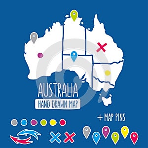 Hand drawn Australia travel map with pins vector