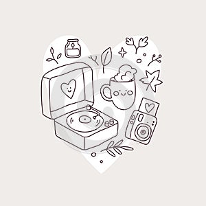 Hand drawn autumn aesthetics set. Portable turntable with vinyl playing, cup of tea or coffee and instant camera, doodle