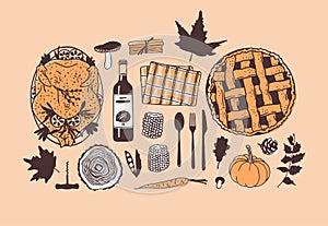 Hand drawn autumn holidays illustration. Creative ink art work. Actual vector drawing. Thanksgiving Day set: food, drinks, things