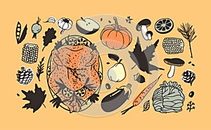 Hand drawn autumn holidays illustration. Creative ink art work. Actual vector drawing. Thanksgiving Day set: food, drinks, things