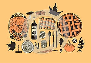 Hand drawn autumn holidays illustration. Creative ink art work. Actual vector drawing. Thanksgiving Day set: food, drinks, things