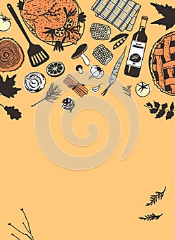 Hand drawn autumn holidays illustration. Creative ink art work. Actual vector drawing. Thanksgiving Day set: food, drinks, things