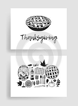 Hand drawn autumn holidays illustration. Creative ink art work. Actual vector drawing. Thanksgiving Day set: food, drinks, things