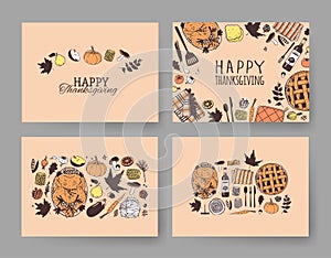 Hand drawn autumn holidays illustration. Creative ink art work. Actual vector drawing. Thanksgiving Day set: food, drinks, things