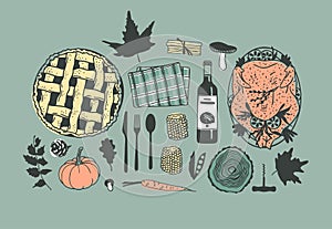 Hand drawn autumn holidays illustration. Creative ink art work. Actual vector drawing. Thanksgiving Day set: food, drinks, things