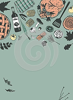 Hand drawn autumn holidays illustration. Creative ink art work. Actual vector drawing. Thanksgiving Day set: food, drinks, things