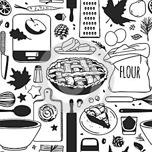 Hand drawn autumn holidays illustration. Creative ink art work. Actual vector drawing. Thanksgiving Day set: food, drinks, things