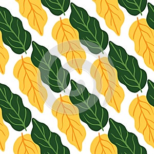 Hand drawn autumn leaves seamless pattern on white background. Yellow and green leaf