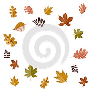 Hand drawn Autumn seasons holiday doodles with colorful leaves in form of circle isolated on white. Vector illustration