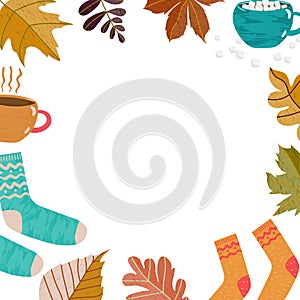 Hand drawn Autumn seasons holiday Hugge doodle icons with leaves, cup of tea, cocoa, chocolate, marshmallow, warm socks