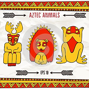 Hand drawn aztec fantastic animals in red and yellow colors