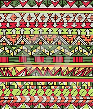Hand drawn aztec geometric seamless pattern in red colors