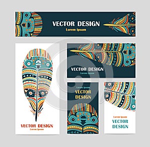 Hand drawn aztec style feathers. Tribal design invitation and business cards template.