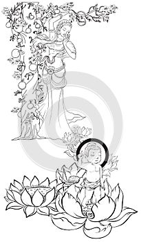 Hand drawn Baby Buddha born with Lotus and Buddha`s mother