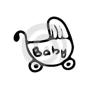 Hand drawn baby carriage doodle. Sketch children`s toy icon. Dec