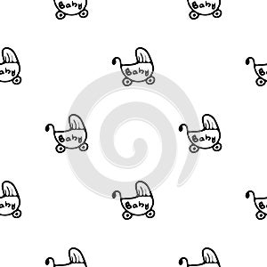 Hand drawn baby carriage doodle. Sketch children`s toy icon. Decoration element. Isolated on white background. Vector illustratio