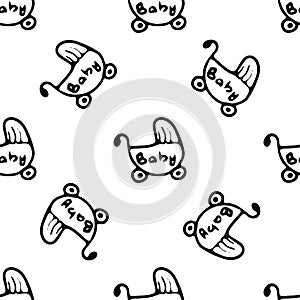 Hand drawn baby carriage doodle. Sketch children`s toy icon. Decoration element. Isolated on white background. Vector illustratio